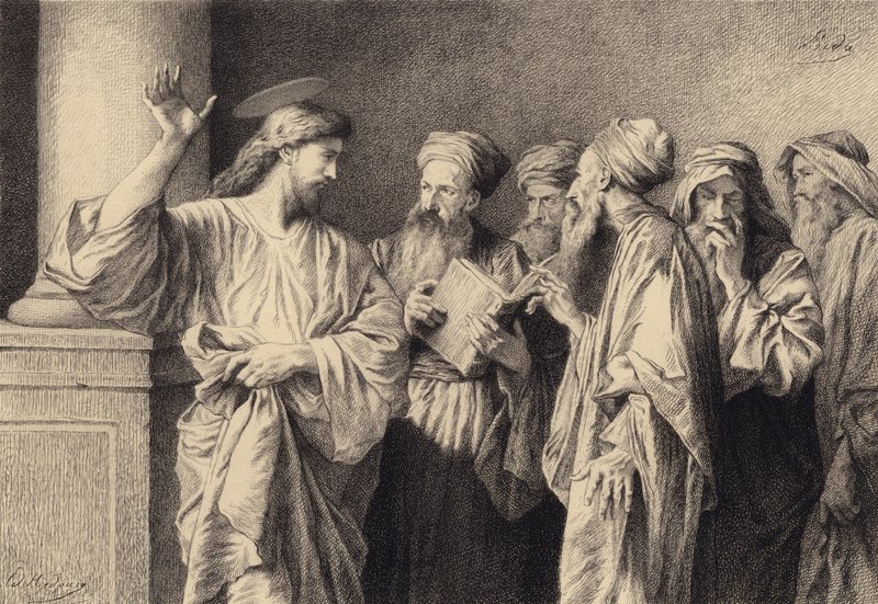 Jesus og de skriftlærde og eldste av after Albert Robida