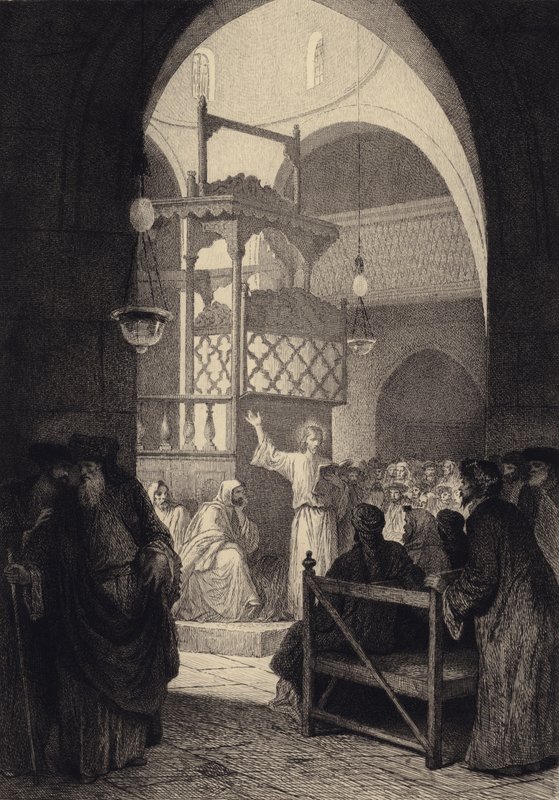 Jesus i synagogen av after Albert Robida