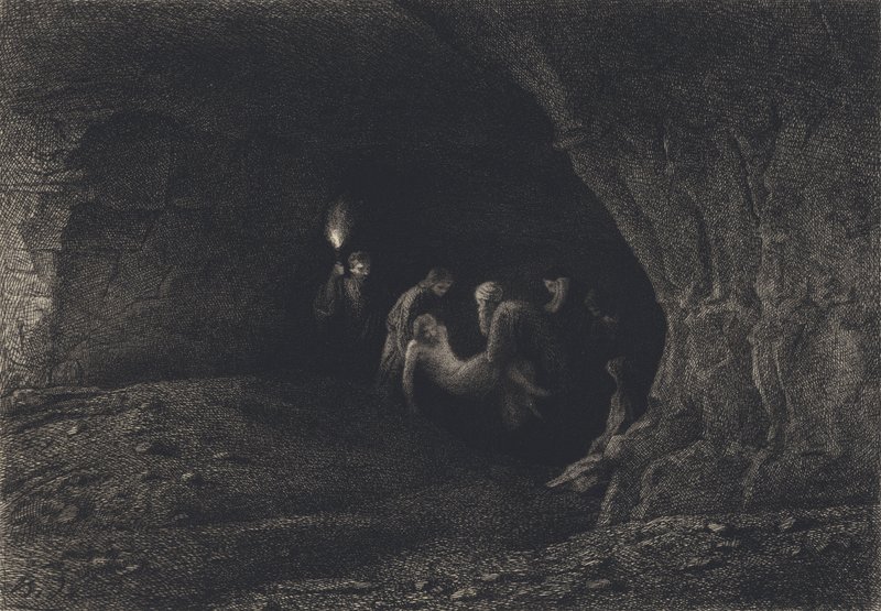 Jesus la seg i graven av after Albert Robida
