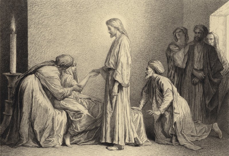 Jesus vekker et lite barn fra døden av after Albert Robida