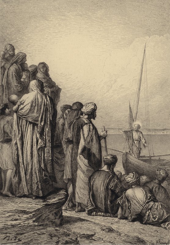 Jesus underviser i et skip av after Albert Robida