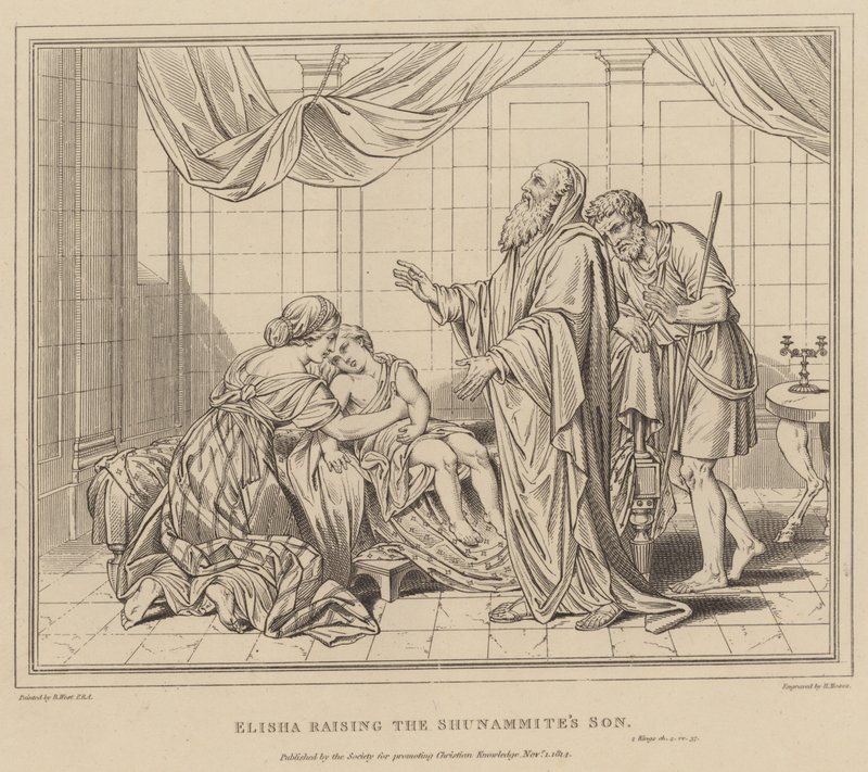 Elisja oppdrar Sunemmittens sønn, 2. Kongebok av after Benjamin West