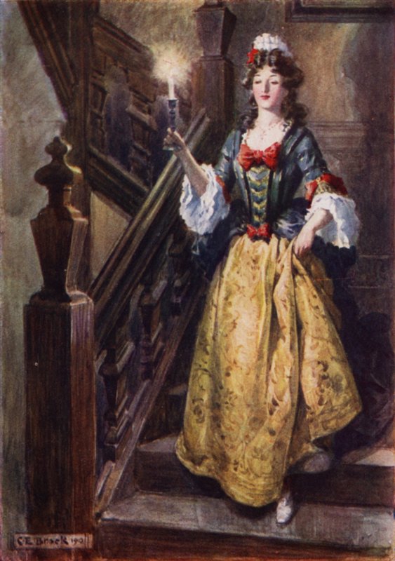 Elskerinne Beatrix snubler ned trappene ved Walcote House for å hilse på Esmond av after Charles Edmund Brock