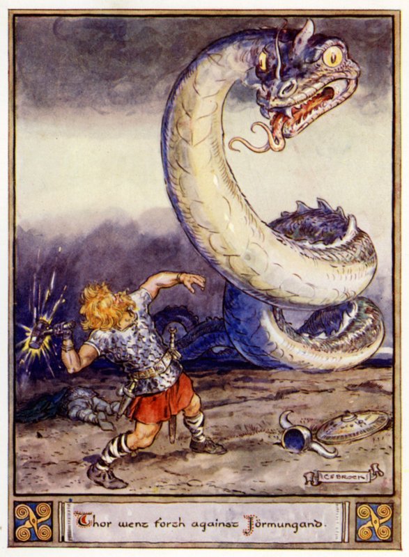 Tor dro ut mot Jormungand av after Charles Edmund Brock