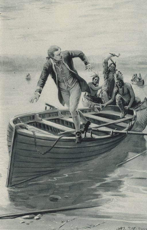 Kaptein James Cook hopper ut av båten sin mens de røde indianerne hopper inn av after Charles Mills Sheldon