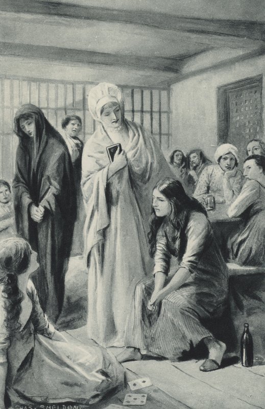 Elizabeth Fry går fritt inn og ut av fangehullene i Newgate av after Charles Mills Sheldon