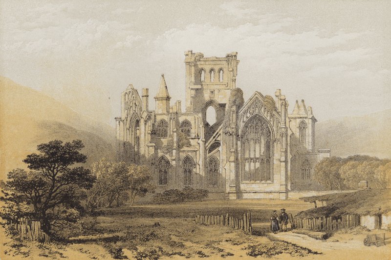 Melrose Abbey, fra øst (chromolitho) av after David Roberts