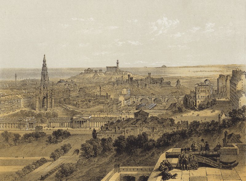 Utsikt over Edinburgh fra slottet (chromolitho) av after David Roberts