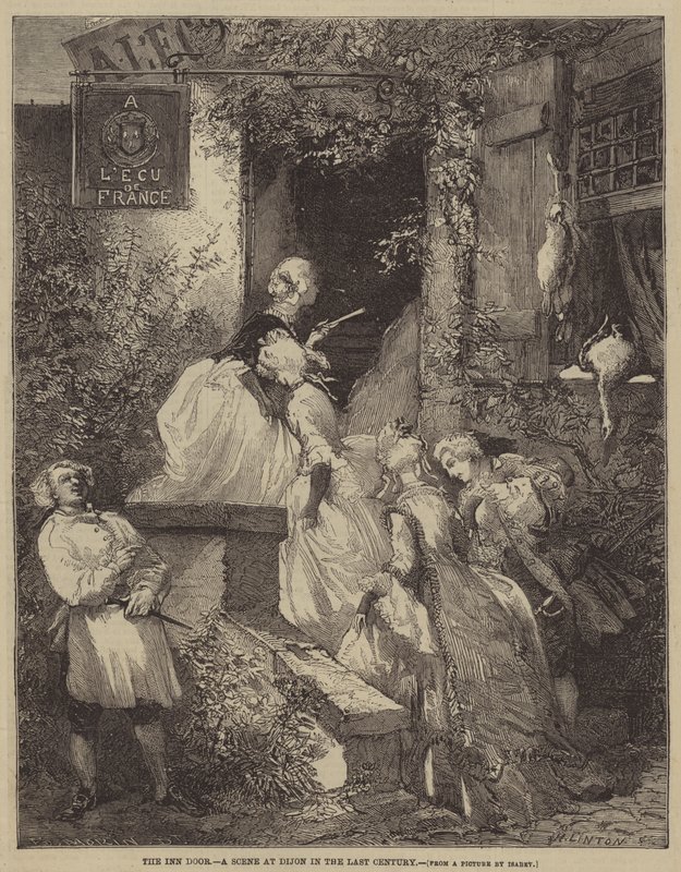 The Inn Door, en scene ved Dijon i det siste århundre av after Edmond Morin