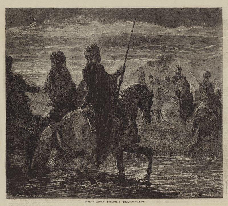 Tyrkisk kavaleri som forser en elv av after Edmond Morin