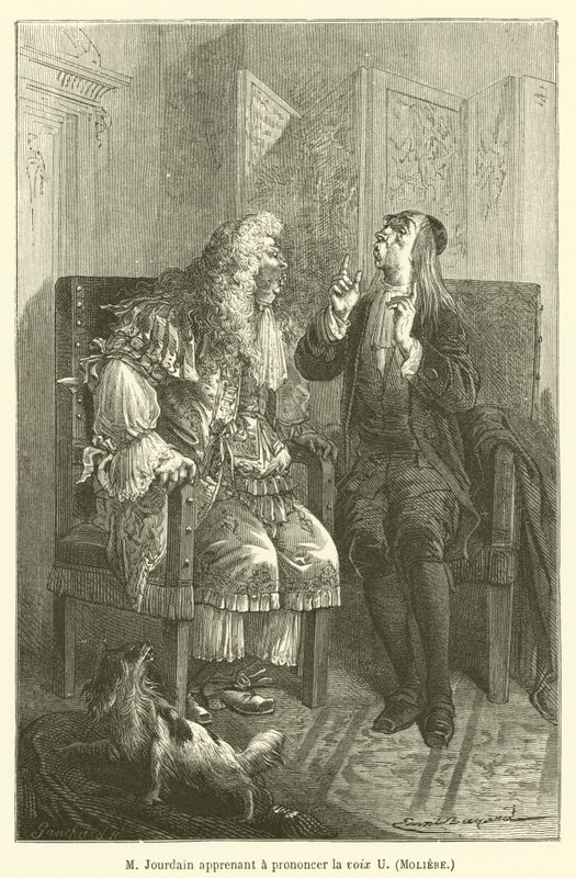 M Jourdain lærer å uttale stemmen U, Moliere av after Emile Antoine Bayard
