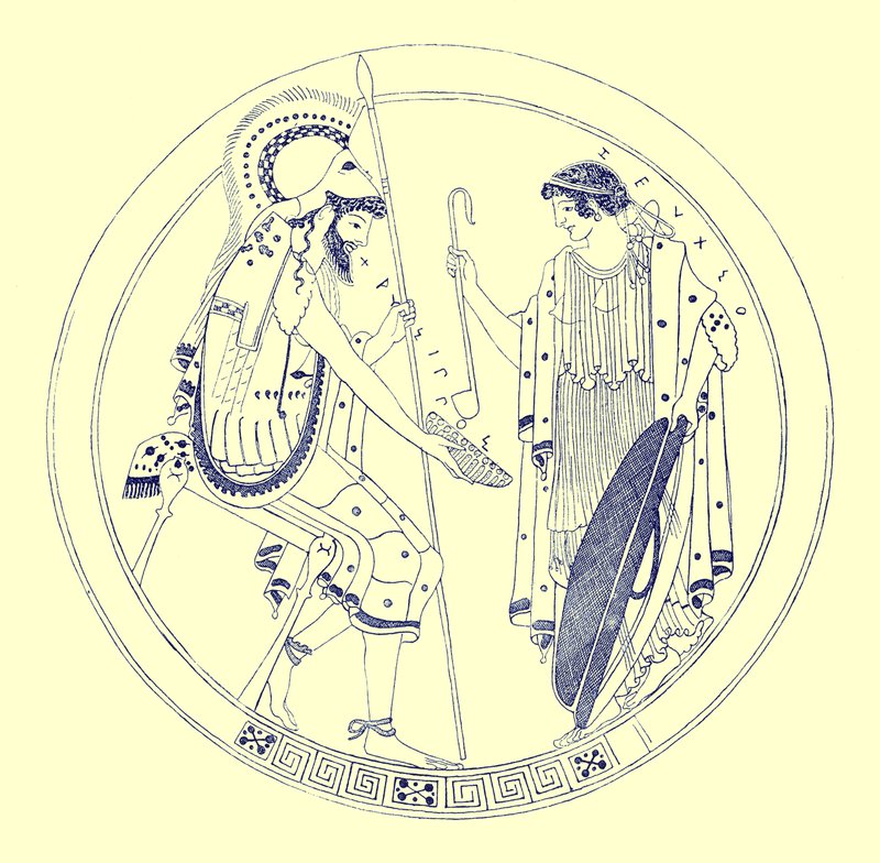 En sittende kriger holder vinkoppen sin, illustrasjon fra Greek Vase Paintings av J. E. Harrison og D. S. MacColl, utgitt 1894 (digitalt forbedret bilde) av after English School