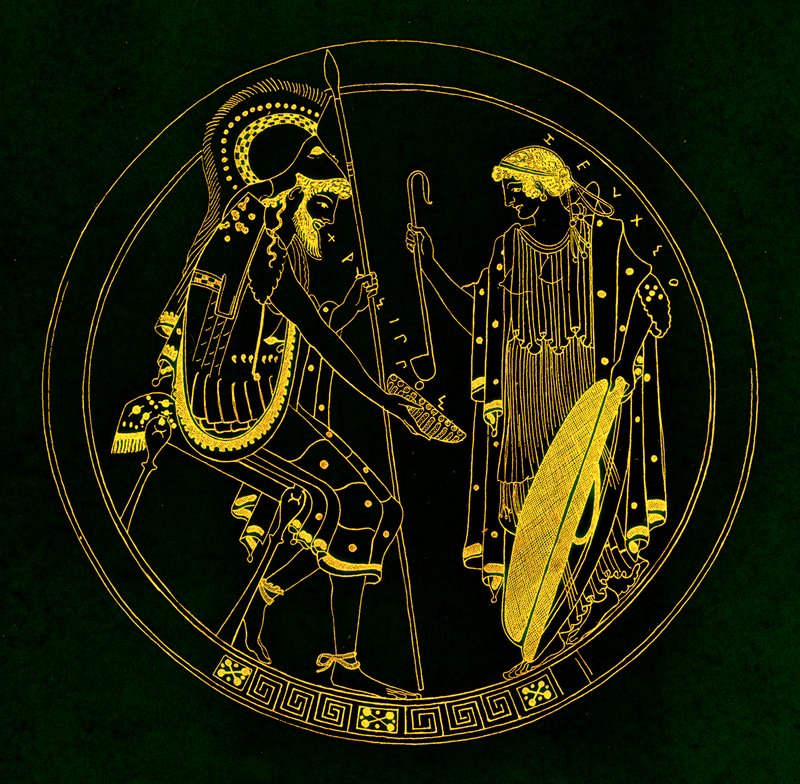 En sittende kriger holder vinkoppen sin, illustrasjon fra Greek Vase Paintings av J. E. Harrison og D. S. MacColl, utgitt 1894 (digitalt forbedret bilde) av after English School