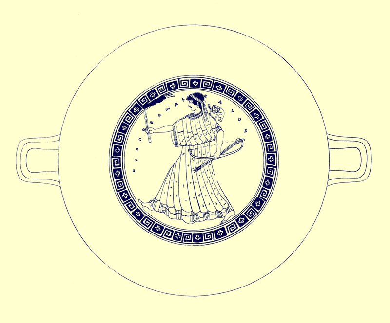 Artemis med bue, pil og fakkel, illustrasjon fra greske vasemalerier av J. E. Harrison og D. S. MacColl, utgitt 1894 (digitalt forbedret bilde) av after English School