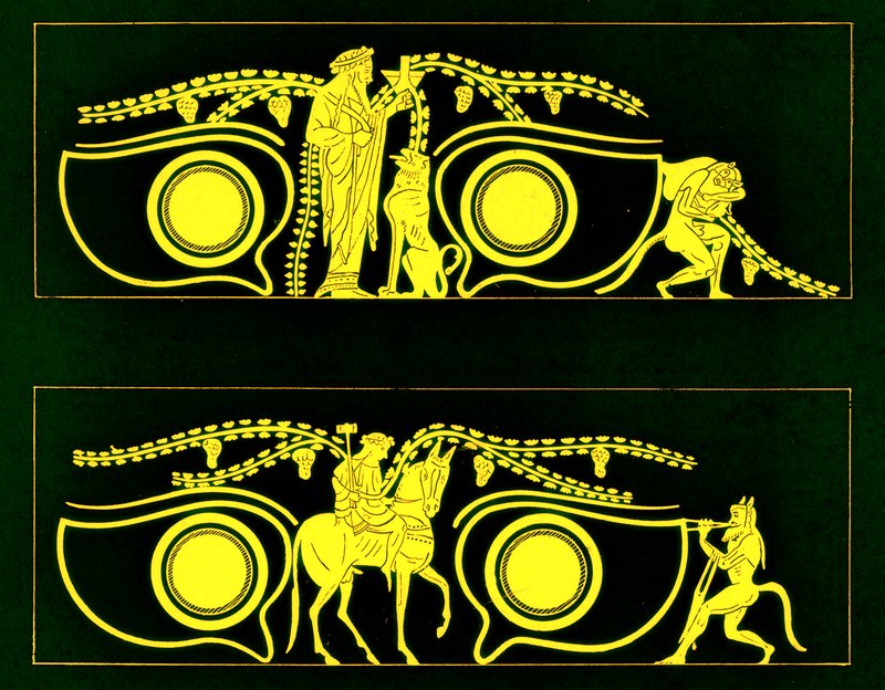Dionysos, Hephaistos and satyrs, illustrasjon fra greske vasemalerier av J. E. Harrison og D. S. MacColl, utgitt 1894 (digitalt forbedret bilde) av after English School
