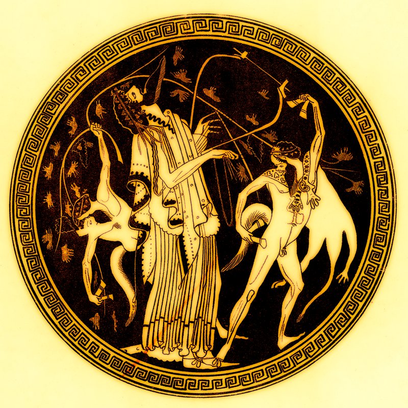 Dionysos og satyrer, illustrasjon fra greske vasemalerier av J. E. Harrison og D. S. MacColl, utgitt 1894 (digitalt forbedret bilde) av after English School
