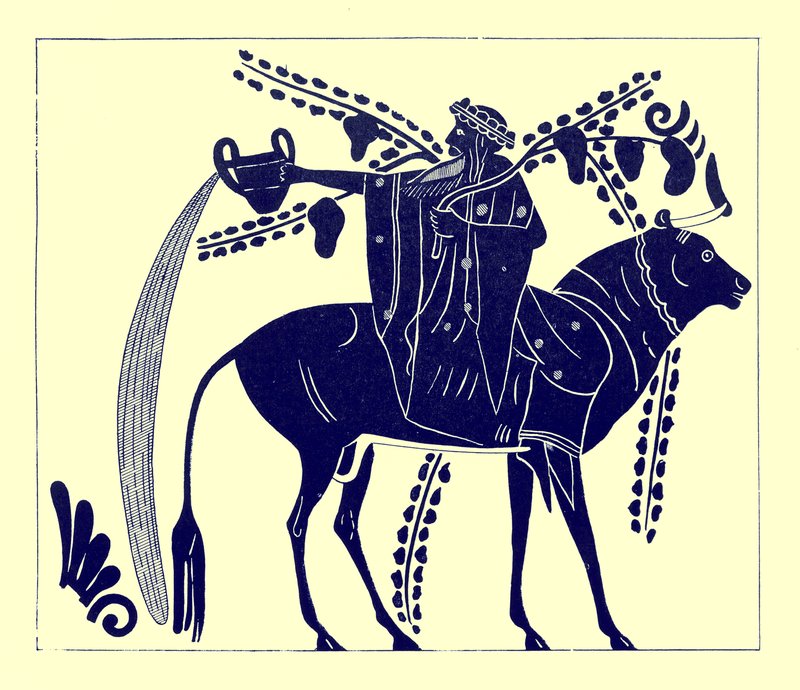 Dionysus rider på en okse, illustrasjon fra greske vasemalerier av J. E. Harrison og D. S. MacColl, publisert 1894 (digitalt forbedret bilde) av after English School
