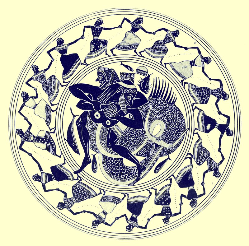 Herakles som bryter med Triton, illustrasjon fra greske vasemalerier av J. E. Harrison og DS MacColl, utgitt 1894 (digitalt forbedret bilde) av after English School