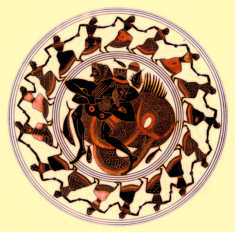 Herakles som bryter med Triton, illustrasjon fra greske vasemalerier av J. E. Harrison og DS MacColl, utgitt 1894 (digitalt forbedret bilde) av after English School