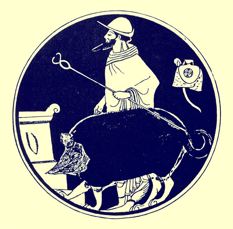 Hermes og den maskerte hunden, illustrasjon fra greske vasemalerier av J. E. Harrison og D. S. MacColl, publisert 1894 (digitalt forbedret bilde) av after English School
