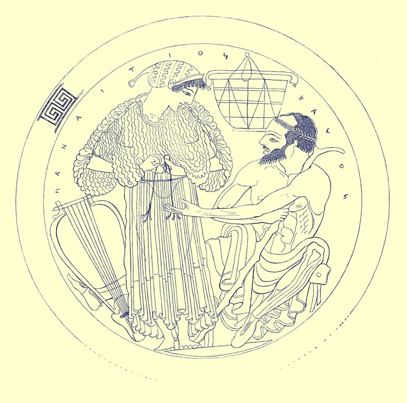 Interiør av Cylix av Euphronios, illustrasjon fra greske vasemalerier av J. E. Harrison og D. S. MacColl, utgitt 1894 (digitalt forbedret bilde) av after English School