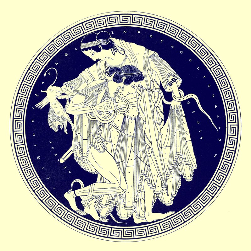 Peleus og Thetis, illustrasjon fra greske vasemalerier av J. E. Harrison og D. S. MacColl, publisert 1894 (digitalt forbedret bilde) av after English School