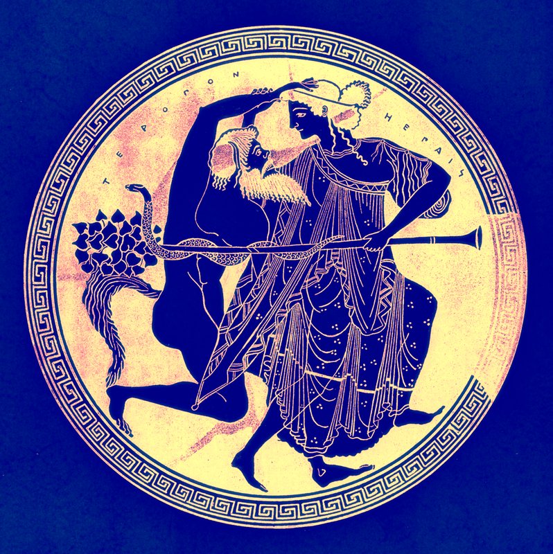 Satyr og Maenad, illustrasjon fra greske vasemalerier av J. E. Harrison og D. S. MacColl, utgitt 1894 (digitalt forbedret bilde) av after English School