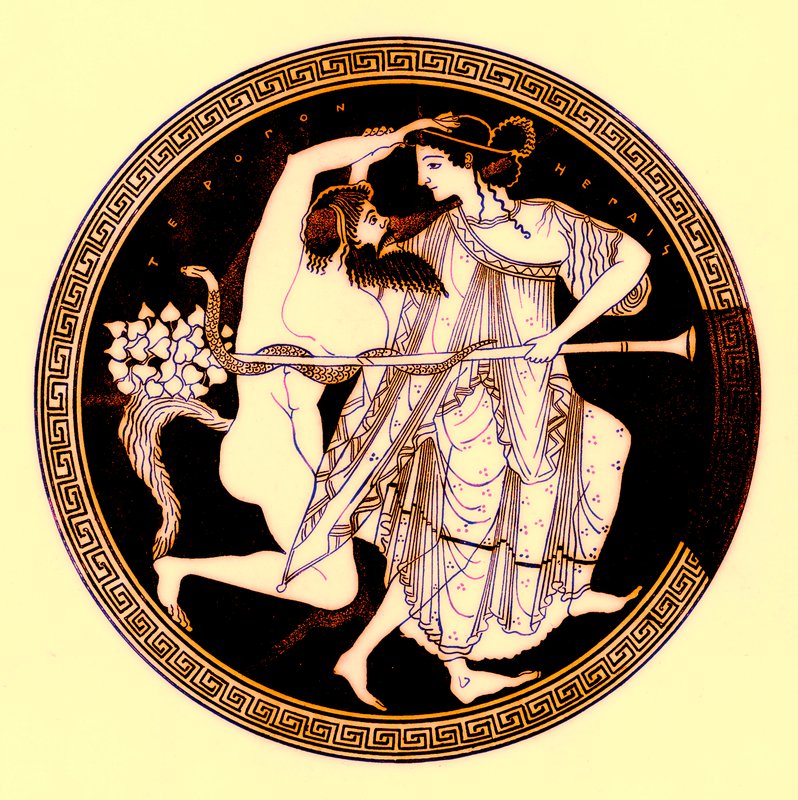 Satyr og Maenad, illustrasjon fra greske vasemalerier av J. E. Harrison og D. S. MacColl, utgitt 1894 (digitalt forbedret bilde) av after English School