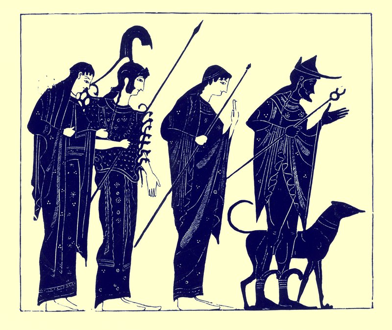 The Judgment of Paris, illustrasjon fra greske vasemalerier av J. E. Harrison og D. S. MacColl, publisert 1894 (digitalt forbedret bilde) av after English School
