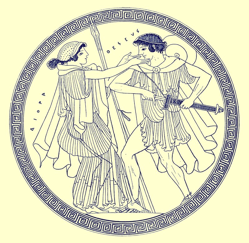Theseus og Aethra, illustrasjon fra greske vasemalerier av J. E. Harrison og D. S. MacColl, publisert 1894 (digitalt forbedret bilde) av after English School
