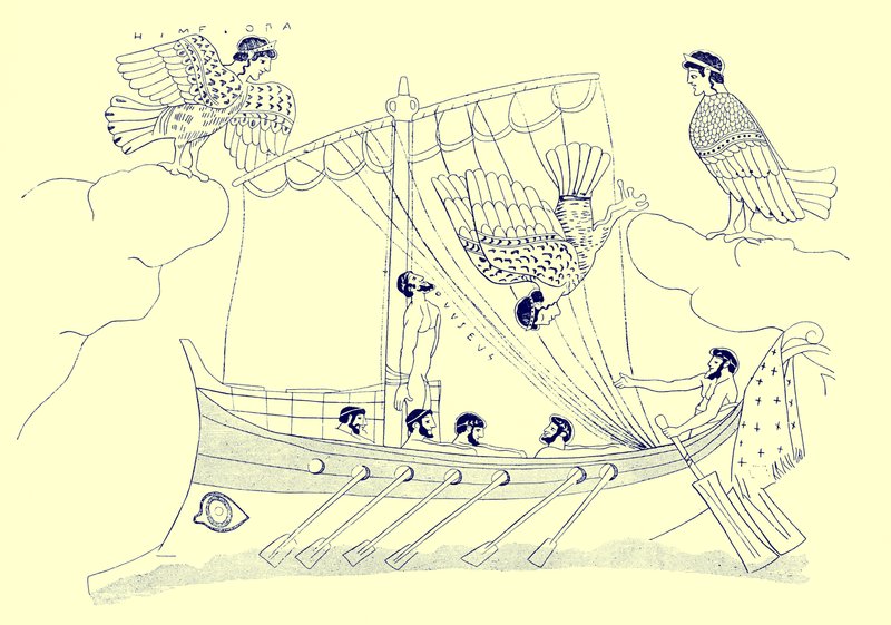 Ulysses and the Sirens, illustrasjon fra greske vasemalerier av J. E. Harrison og D. S. MacColl, publisert 1894 (digitalt forbedret bilde) av after English School