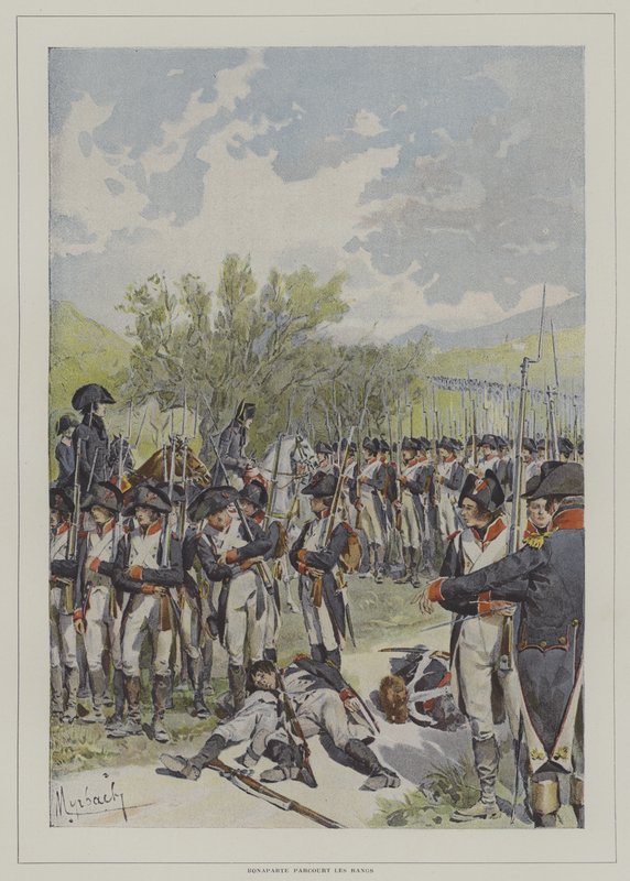 Bonaparte passerte blant rekkene av hæren sin av after Felicien baron de Myrbach Rheinfeld
