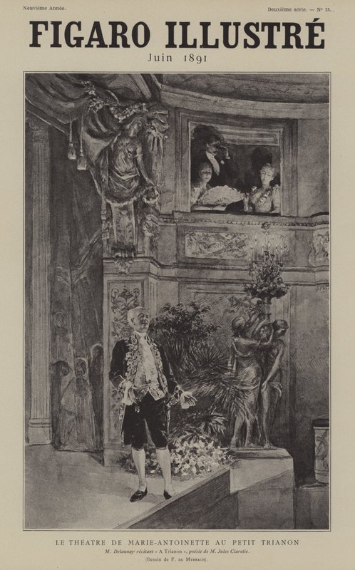 Den franske skuespilleren Louis Arsene Delaunay resiterer Jules Clareties-diktet A Trianon på Theatre de Marie Antoinette ved Petit Trianon, Versailles av after Felicien baron de Myrbach Rheinfeld