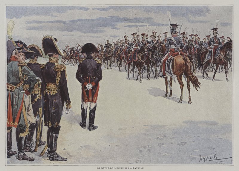 Napoleon gjennomgår tropper fra den polske lette hesten ved Bayonne av after Felicien baron de Myrbach Rheinfeld
