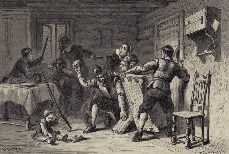 Puritanere barrikaderer huset sitt mot indianere av after Felix Octavius Carr Darley