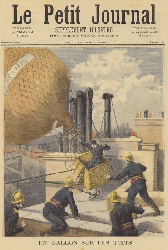 En ballong krasjlander på hustakene i Paris av after Frederic Theodore Lix