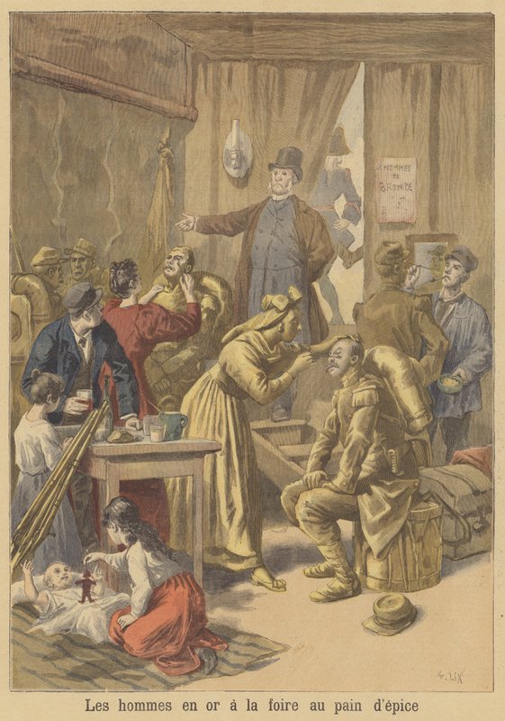 Menn blir malt gull før påskepepperkakemessen av after Frederic Theodore Lix