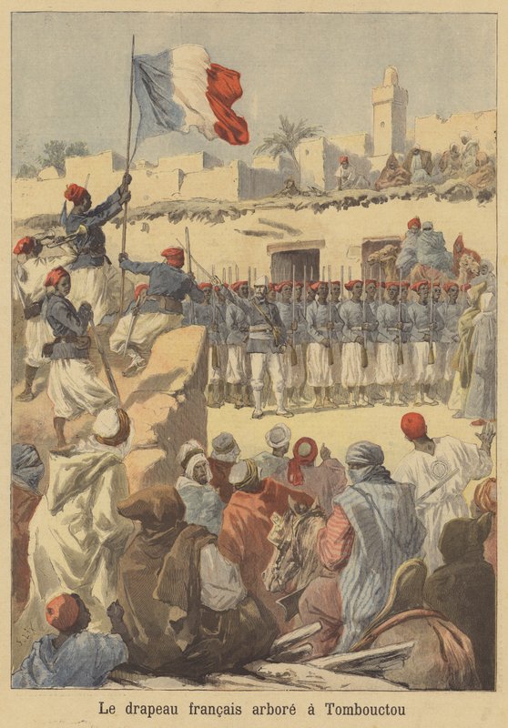 Heising av det franske flagget i Timbuktu av after Frederic Theodore Lix