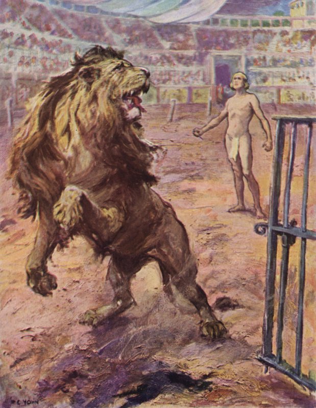Løven . . . stanset brått på arenaen, reiste seg halvt på ende, ytret et forvirret hyl av after Frederick Coffay Yohn
