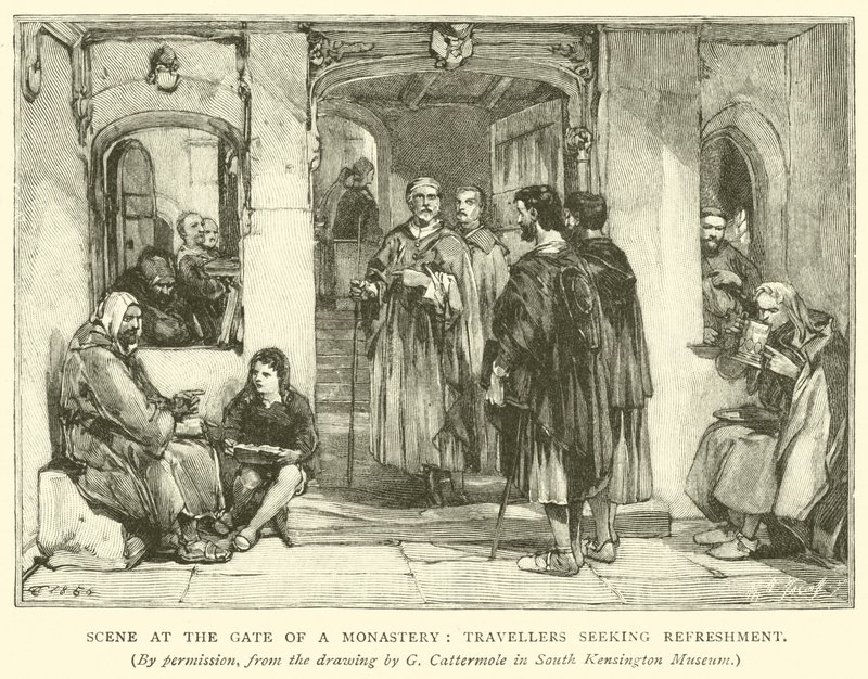 Scene ved porten til et kloster, reisende som søker forfriskning av after George Cattermole