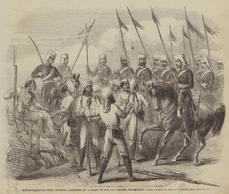 Mutinous Sepoys, med plyndring, overrasket av et parti av HM 9th Lancers, nær Delhi av after George Francklin Atkinson