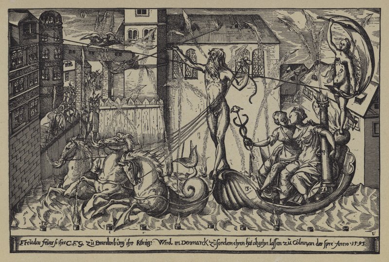 Fyrverkeri ved slottet til markgreven av Brandenburg ved Colln ved elven Spree i anledning besøket til kong Christian IV av Danmark, 10. oktober 1595 av after German School