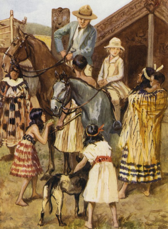 Besøkende i en modell Maori (Mow-ree) landsby av after Gordon Frederick Browne