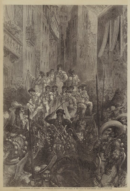 Tyrekamp ved Bayonne, kavalkaden fortsetter til arenaen på Place de Saint-Esprit av Gustave after Dore