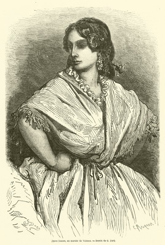 Ung kvinne på Valencia-markedet av Gustave after Dore