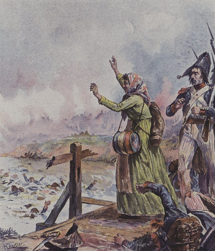 En fransk kantine som ser mannen sin blant en gruppe druknende soldater i slaget ved Arcole, Italia, 1796 av after Henri Georges Jacques Chartier