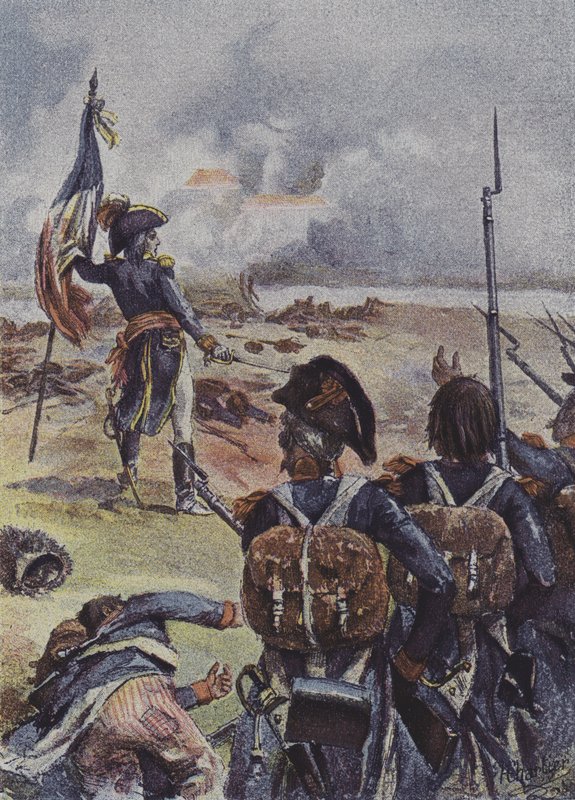 General Augereau planter flagget til 1. bataljon av 99. regiment foran linjene deres i slaget ved Arcole, Italia, 1796 av after Henri Georges Jacques Chartier