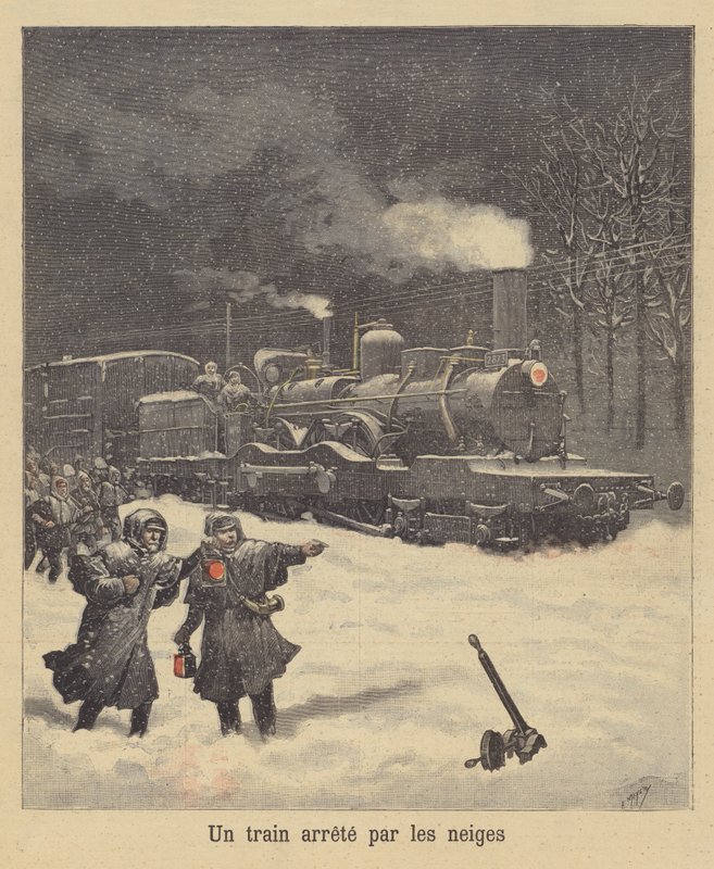 Et tog stoppet ved snøen av after Henri Meyer