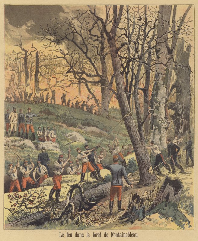 Brann i Fontainebleau-skogen av after Henri Meyer