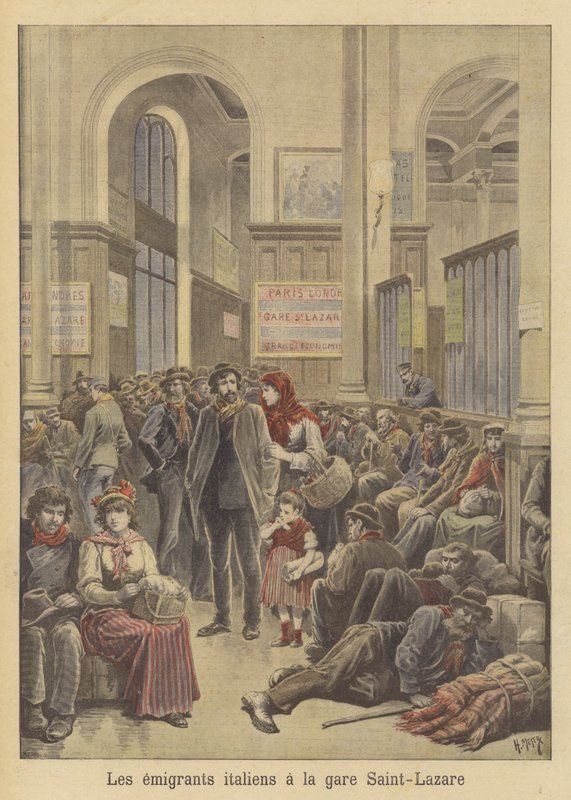 Italienske emigranter til Amerika ved Gare Saint-Lazare av after Henri Meyer